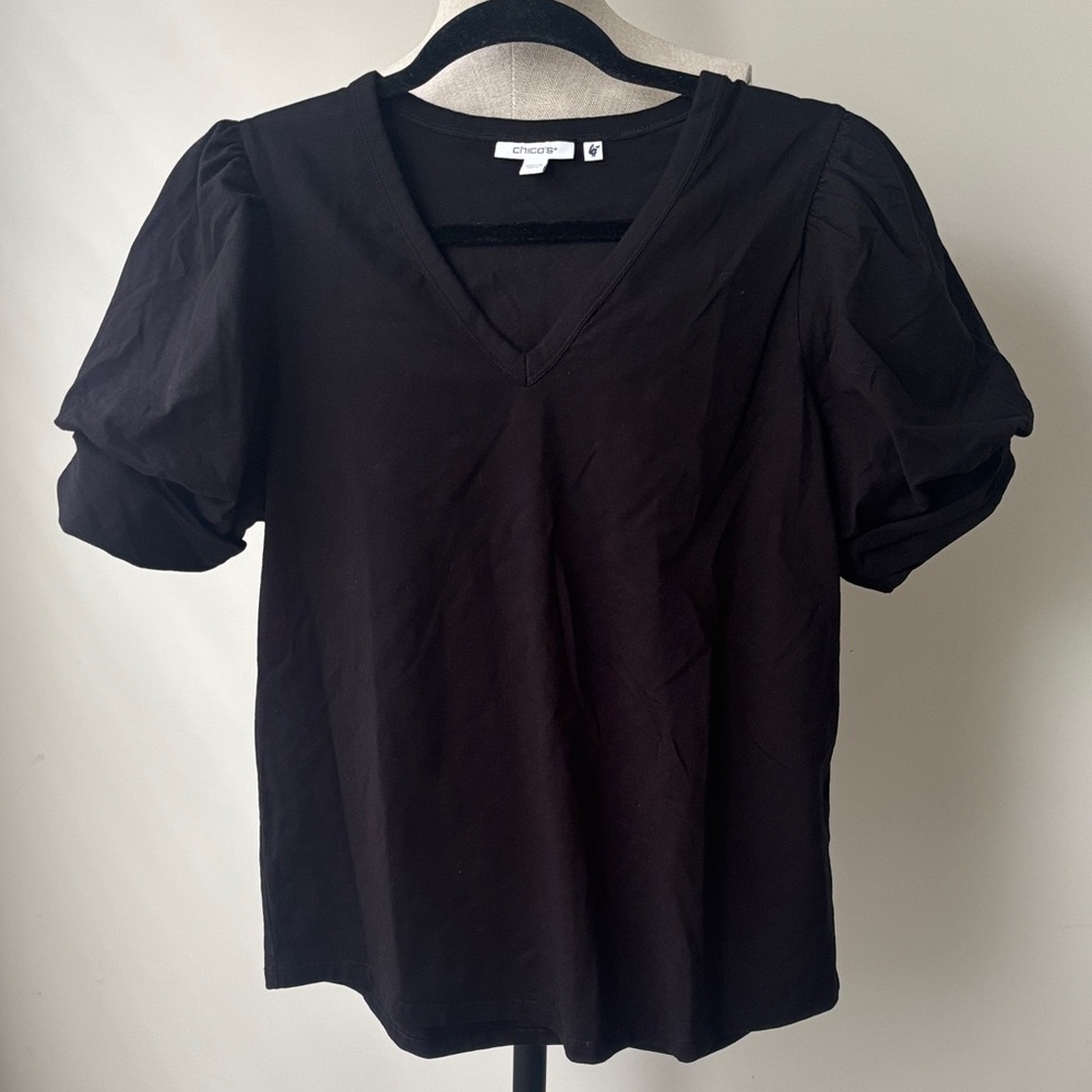 Chico's Top Womens Size Small Black Elegant Puff Sleeve Blouse V-Neck Cotton